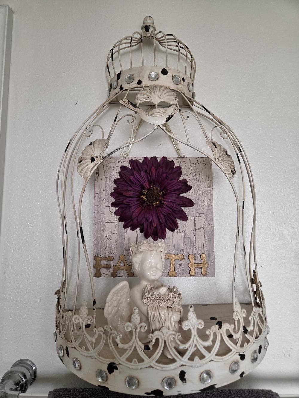 Decorative Ivory Metal Birdcage with Purple Flower Accent